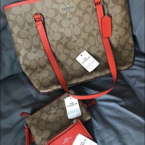 coach tote brown, double zipper clutch, ID holder